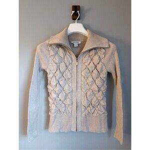 White House Black Market Cream Smocked Quilted Zip Sweater Jacket XS Beige
